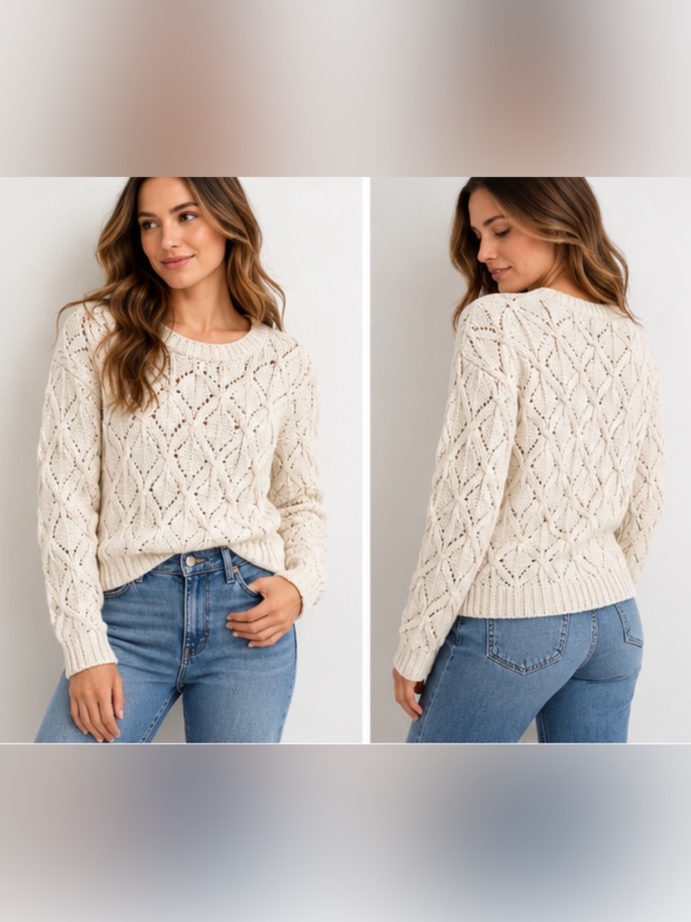 LOFT Ann Taylor Cream Cable Knit Openwork Sweater – Size Small